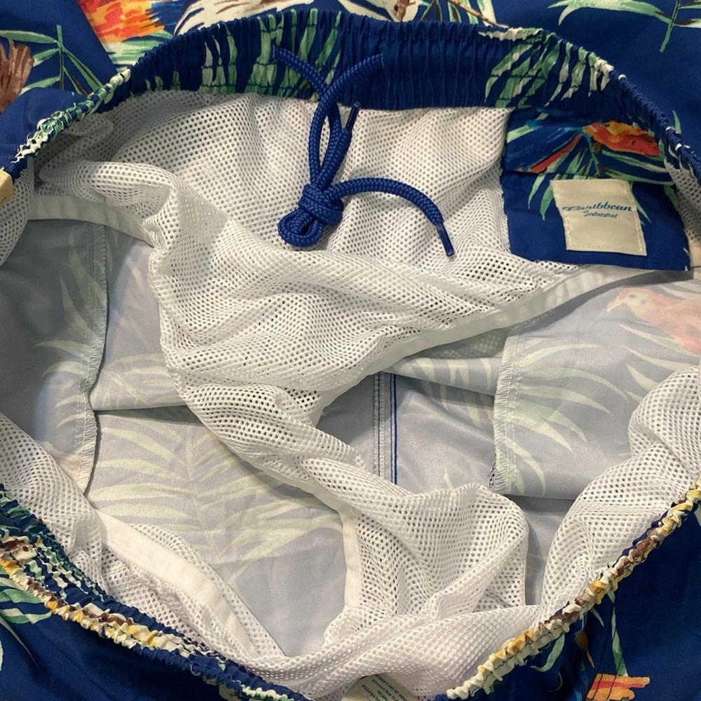 Caribbean Swim Trunks Mens 1XB Blue Tropical‎ Parrot Print Beach Cruise Pool NWT